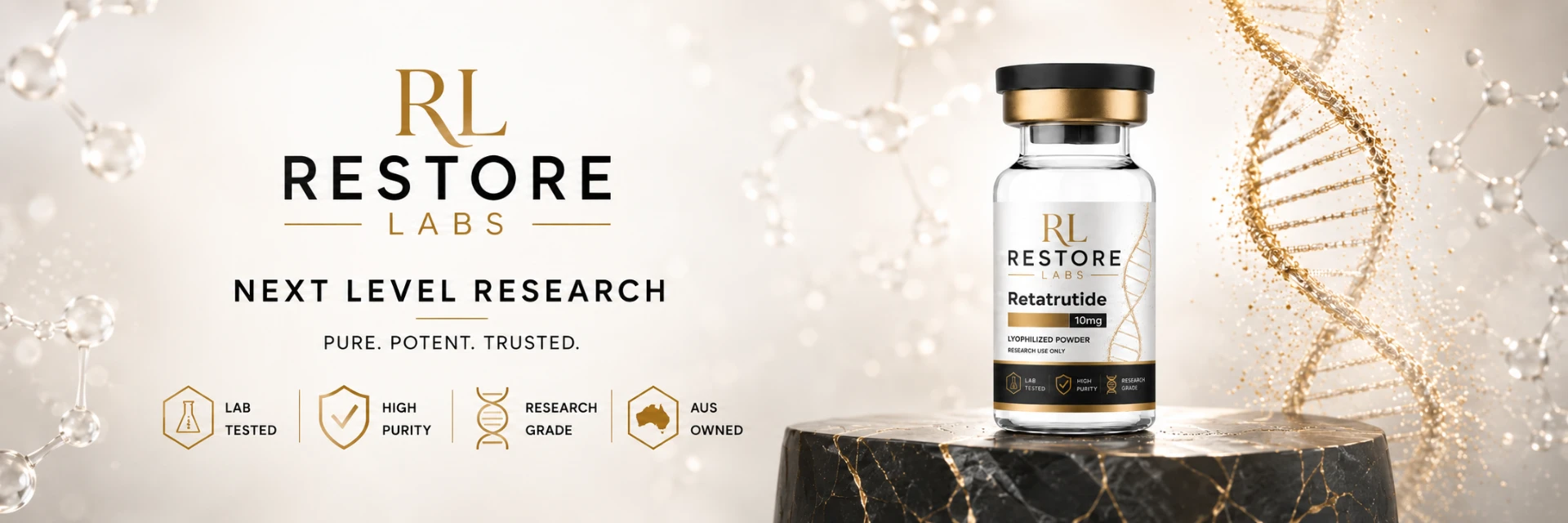 Restore Labs Australian research peptide laboratory bench — 99%+ purity vials with lot-specific certificates of analysis, shipped Australia-wide