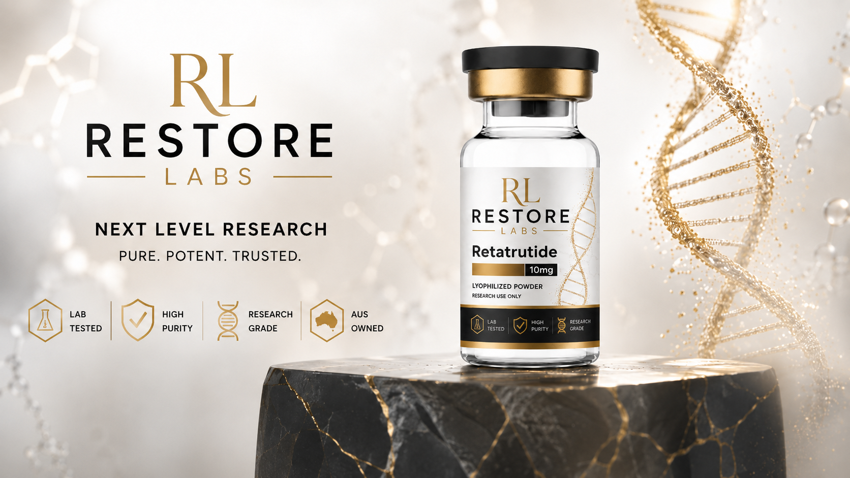Restore Labs research peptide vials — Retatrutide, BPC-157, GHK-Cu, MOTS-C and PT-141, HPLC-MS verified to 99%+ purity and dispatched same business day across Australia